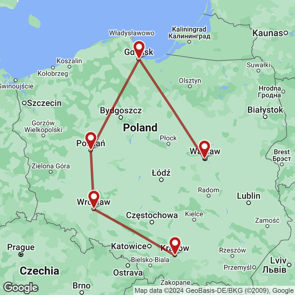 Route for Krakow, Wroclaw, Poznan, Gdansk, Warsaw tour